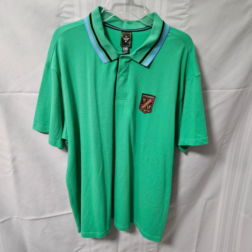 Houston White Polo Shirt Mens XXL Green Crest Patch Short Sleeve Pique Cotton